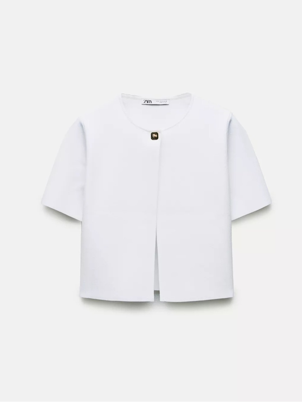 Zara White Short-Sleeve Boxy Top with Gold Button
